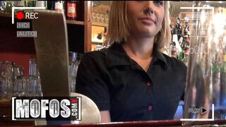 Rihanna Samuel 's blond barmaid show her tits to a host before she sucks her dick
