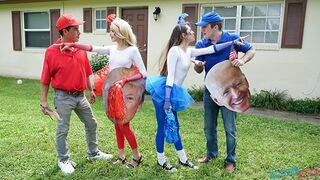 Teenage girls swap and fuck daddy 's dick for red-blue voice