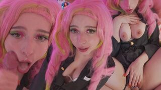 Mitsuri v Kanroji cosplay těší díry v kohoutu a dostane obrovský výstřel do obličeje